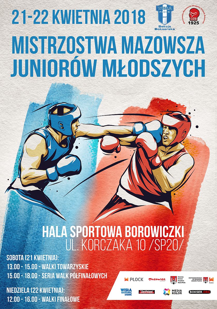 Mistrzostwa Mazowsza Juniorów Młodszych 21-22 kwietnia 2018 Płock Boks